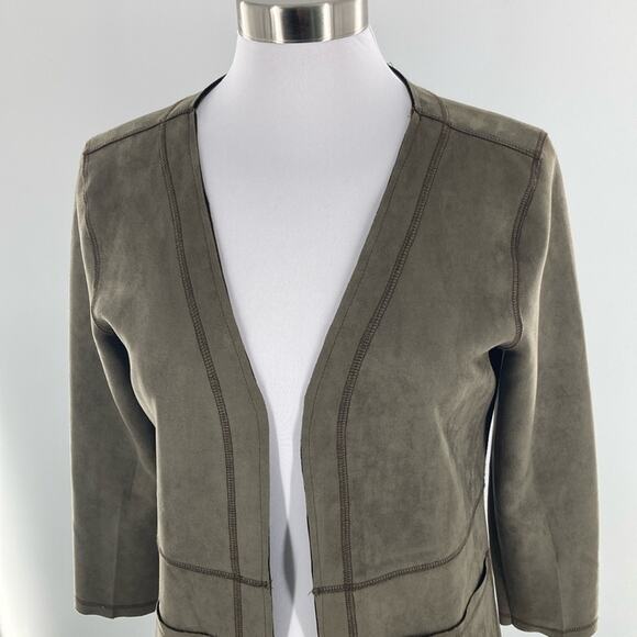 Solitaire Womens Olive Green Microsuede Open Front Jacket Coat Small New - Picture 3 of 16